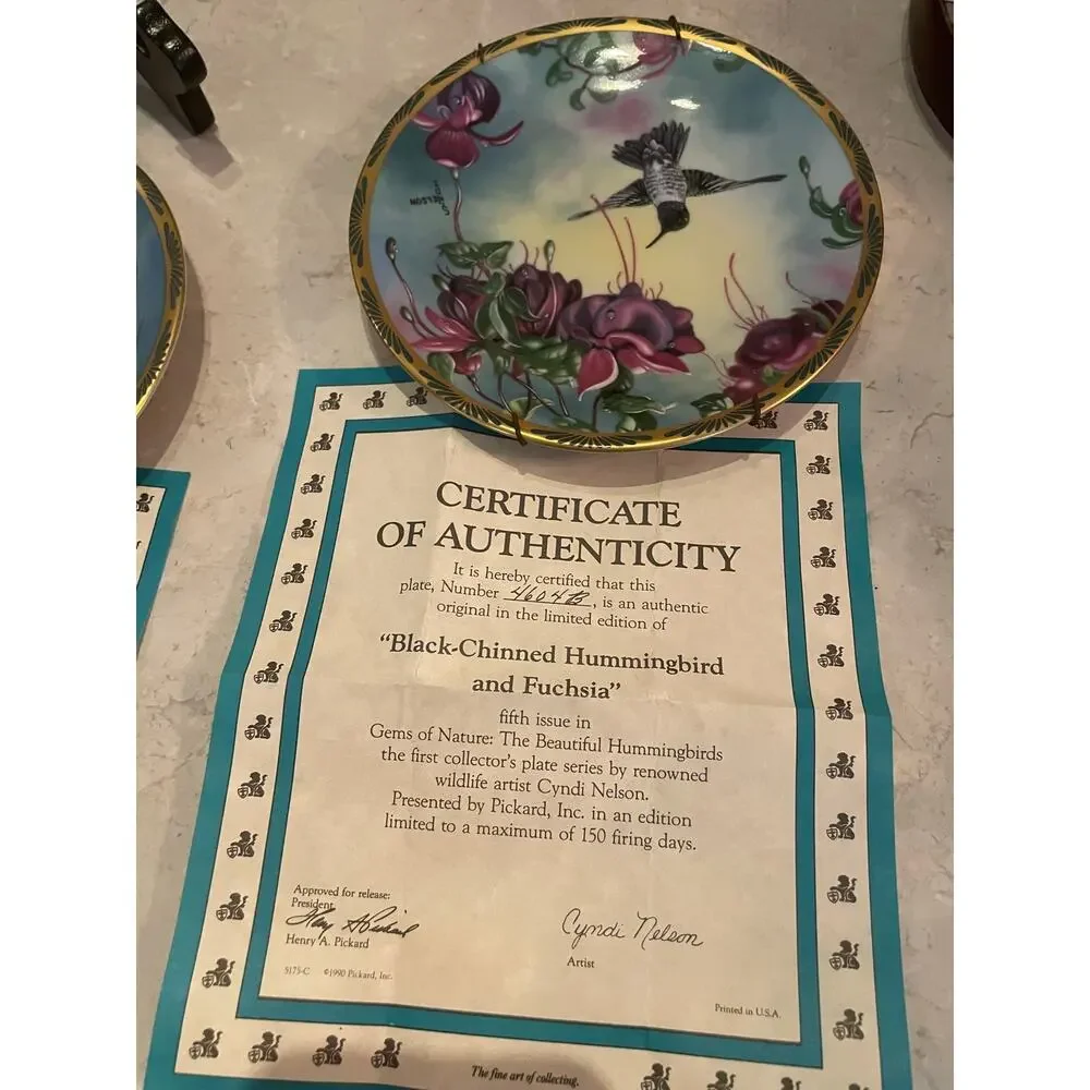 Vintage Picard plates signed hummingbird plates by wildlife artist, Cindy Nelson